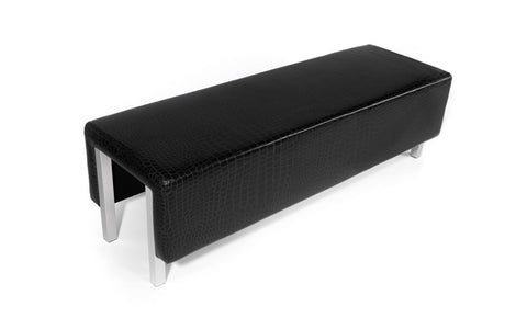 Shown in black gator finish.  Steel base frame, powder coat.  Wood cushion box.  High resilient foam cushion.  Upholstered cover with reinforced stitched seams.